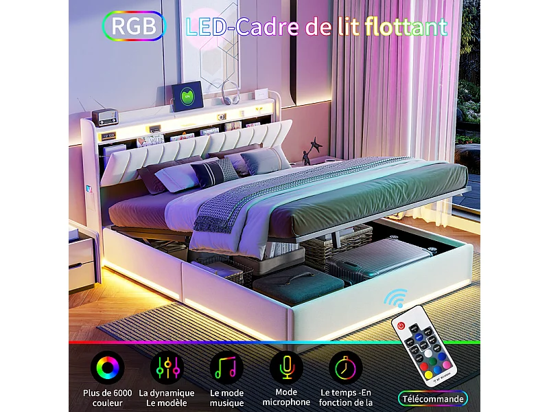 Modern Beige Velvet Tweepersoonsbed 160x200 met Hydraulische Opbergruimte, USB Opladen, LED RGB - Slim Multifunctioneel Ontwerp