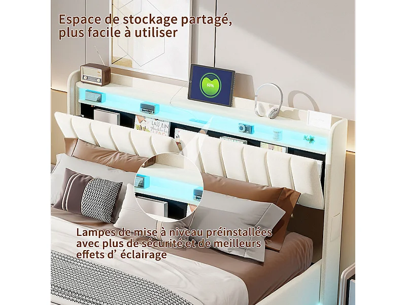Modern Beige Velvet Tweepersoonsbed 160x200 met Hydraulische Opbergruimte, USB Opladen, LED RGB - Slim Multifunctioneel Ontwerp