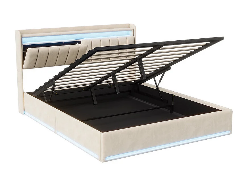 Modern Beige Velvet Tweepersoonsbed 160x200 met Hydraulische Opbergruimte, USB Opladen, LED RGB - Slim Multifunctioneel Ontwerp