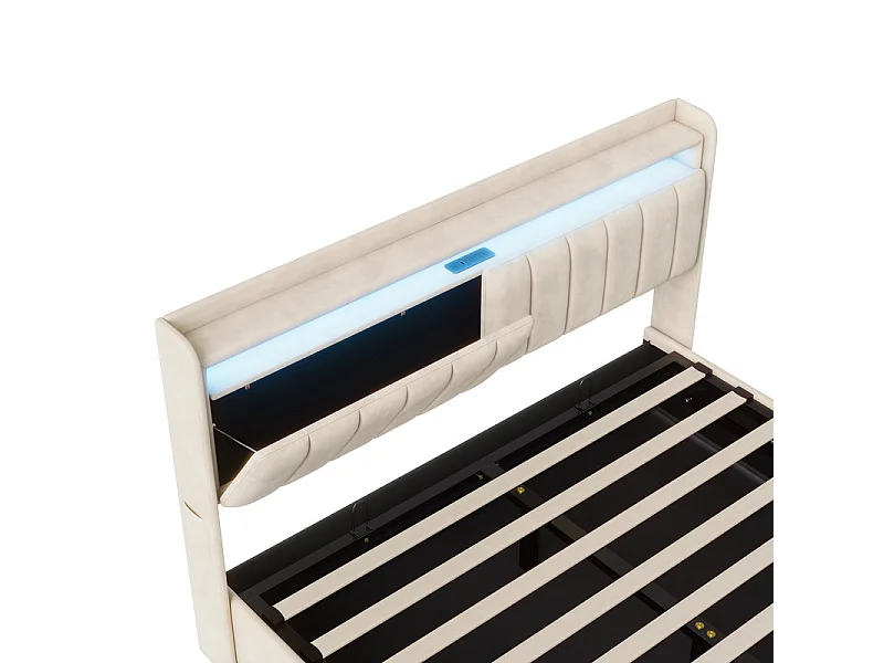 Modern Beige Velvet Tweepersoonsbed 160x200 met Hydraulische Opbergruimte, USB Opladen, LED RGB - Slim Multifunctioneel Ontwerp
