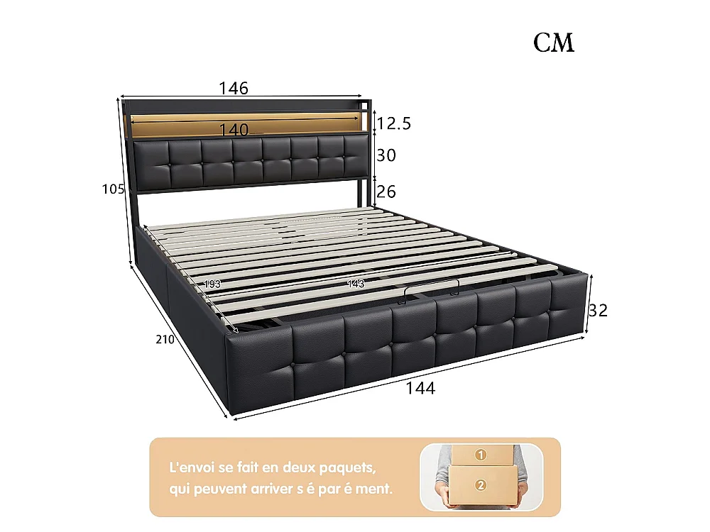 Lit rembourré 140x200 cm - Lit de rangement ascenseur avec tête LED et USB, lit double avec lame en bois hydraulique - Faux cuir tufted - noir