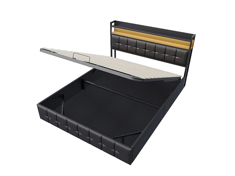 Lit rembourré 140x200 cm - Lit de rangement ascenseur avec tête LED et USB, lit double avec lame en bois hydraulique - Faux cuir tufted - noir