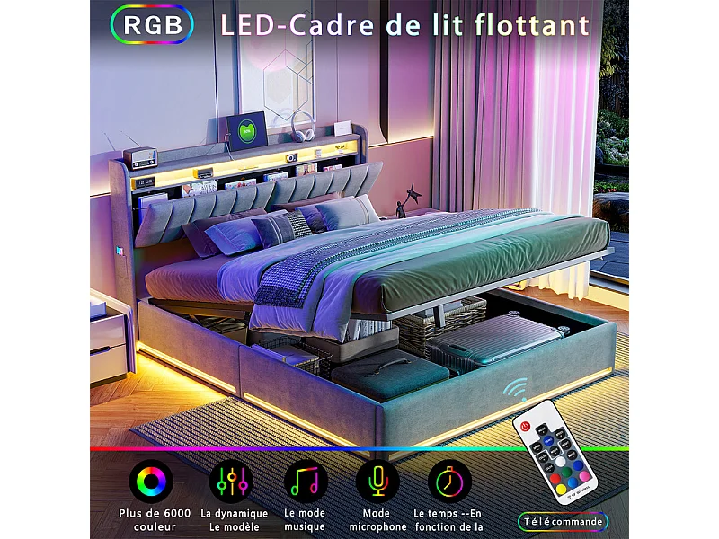 Lit Coffre 140x190 Compact avec Rangement Hydraulique et LEDs RGB - Tête de Lit Ports USB - Sommier Inclus - Idéal Chambre Moderne & Espace Limitée