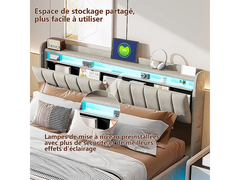 Lit Coffre 140x190 Compact avec Rangement Hydraulique et LEDs RGB - Tête de Lit Ports USB - Sommier Inclus - Idéal Chambre Moderne & Espace Limitée