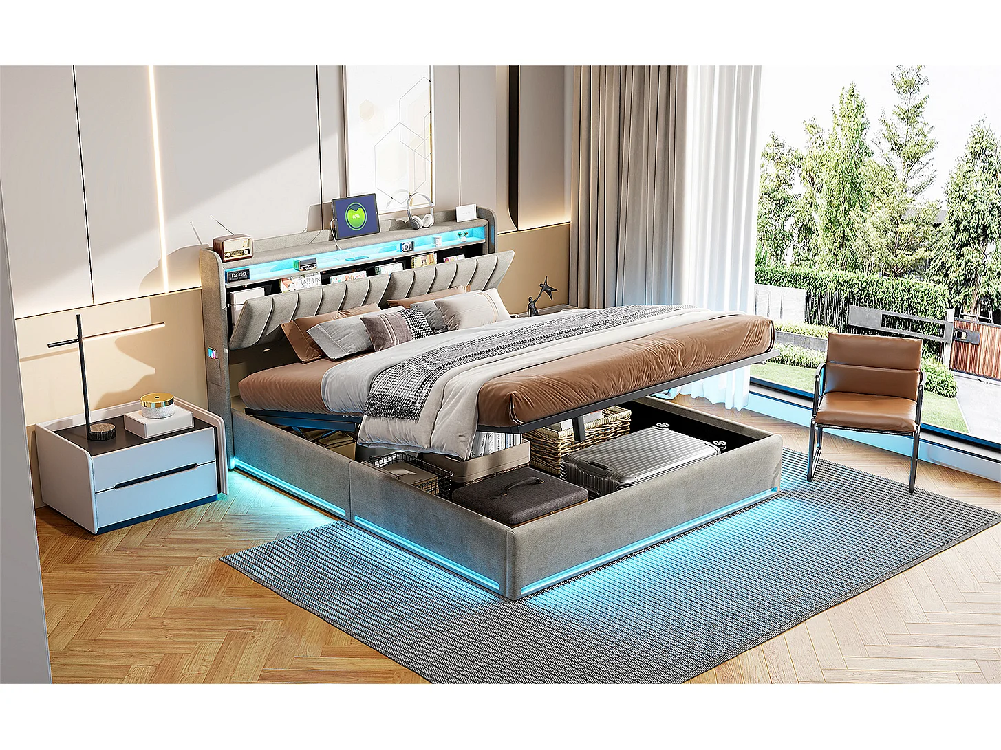 Lit Coffre 140x190 - Cadre De Lit Capitonné - Éclairage LED RGB - Lit Avec Coffre de Rangement Hydraulique - Ports De Recharge USB