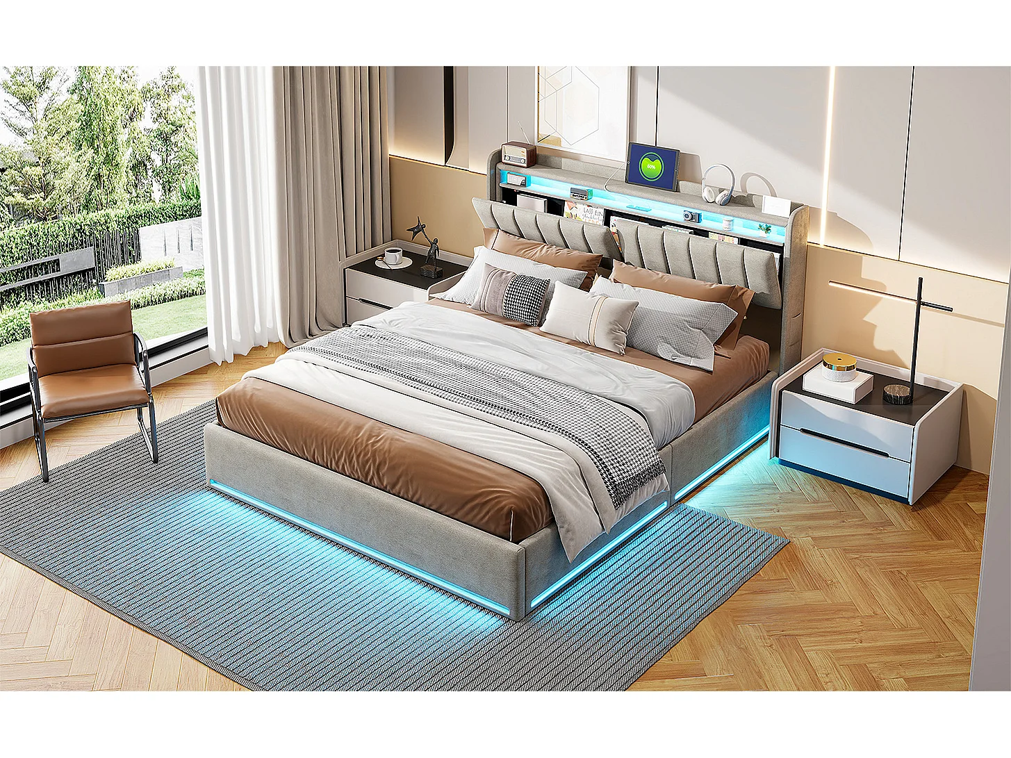 Lit Coffre 140x190 - Cadre De Lit Capitonné - Éclairage LED RGB - Lit Avec Coffre de Rangement Hydraulique - Ports De Recharge USB