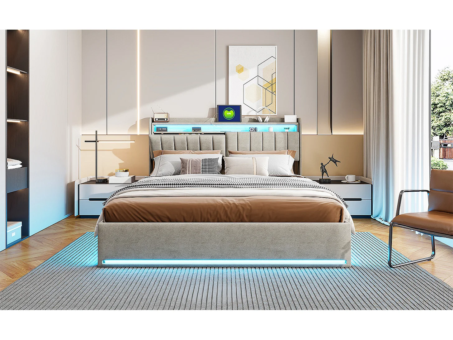 Lit Coffre 140x190 - Cadre De Lit Capitonné - Éclairage LED RGB - Lit Avec Coffre de Rangement Hydraulique - Ports De Recharge USB