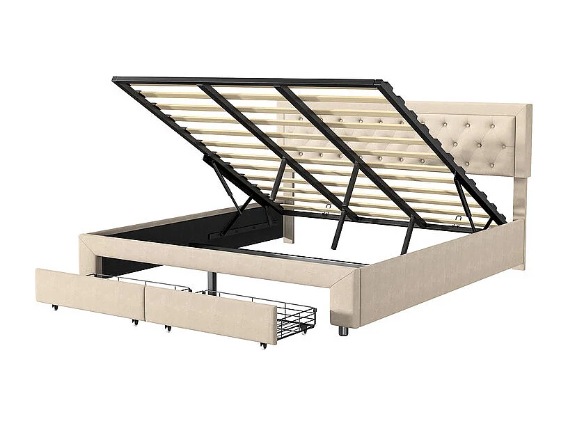 Lit Double avec Rangements Tiroir et Coffre Pneumatique - 180x200 cm - Tête de Lit Velours Cordonné Béige - Structure Métal et Bois