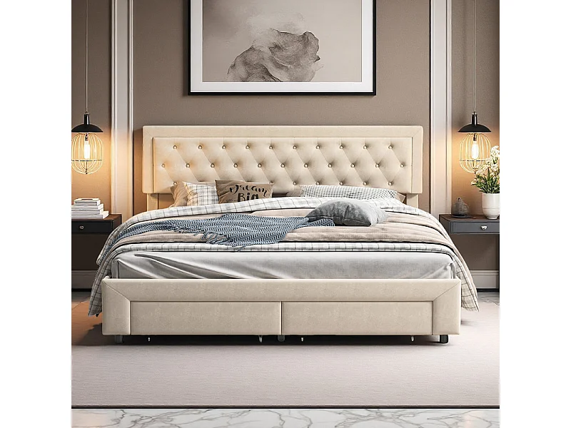 Lit Double avec Rangements Tiroir et Coffre Pneumatique - 180x200 cm - Tête de Lit Velours Cordonné Béige - Structure Métal et Bois