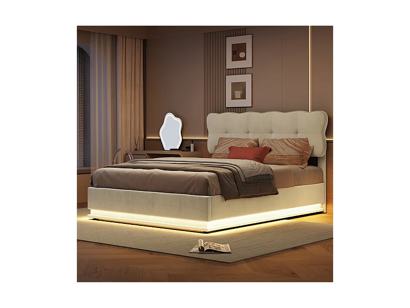 Lit Double 140x190 cm Lit Coffre Hydraulique avec Rangement, LED RGB Télécommande, Tête de Lit Velours Blanc Moderne