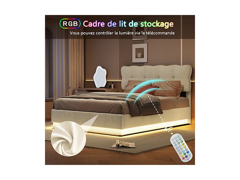 Lit Double 140x190 cm Lit Coffre Hydraulique avec Rangement, LED RGB Télécommande, Tête de Lit Velours Blanc Moderne