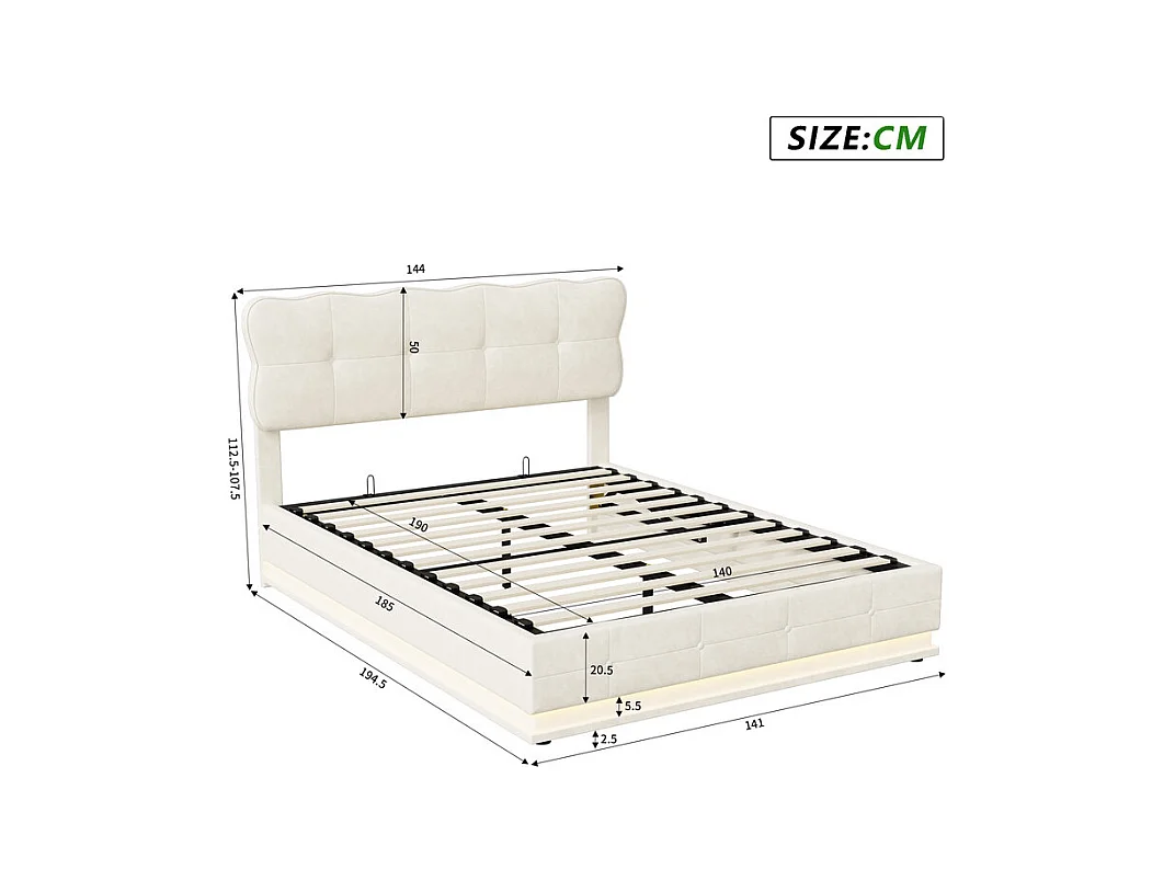 Lit Double 140x190 cm Lit Coffre Hydraulique avec Rangement, LED RGB Télécommande, Tête de Lit Velours Blanc Moderne