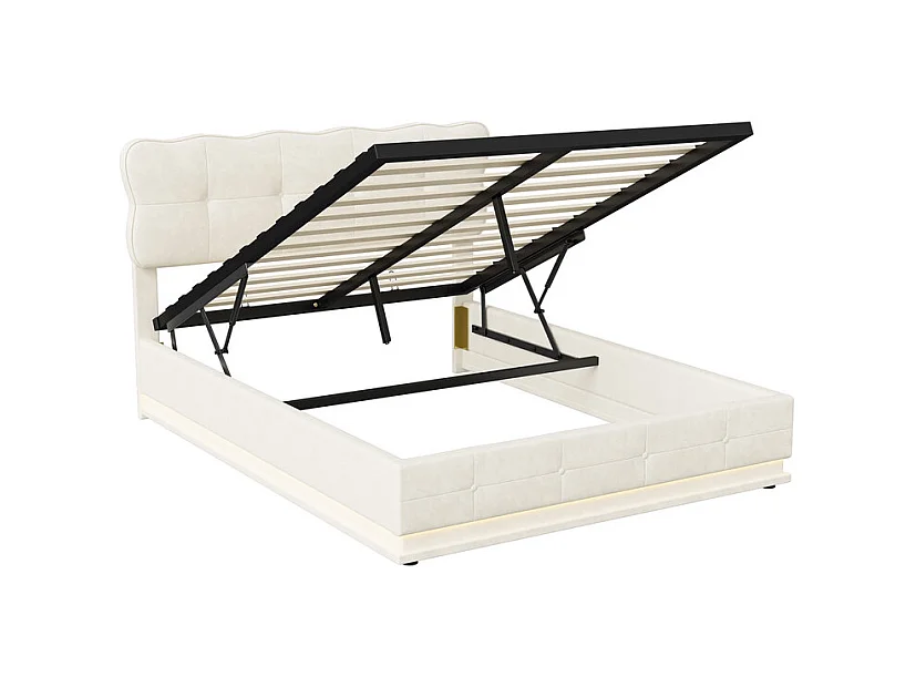 Lit Double 140x190 cm Lit Coffre Hydraulique avec Rangement, LED RGB Télécommande, Tête de Lit Velours Blanc Moderne