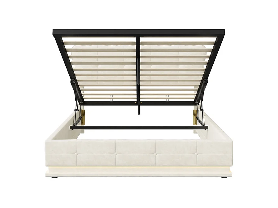 Lit Double 140x190 cm Lit Coffre Hydraulique avec Rangement, LED RGB Télécommande, Tête de Lit Velours Blanc Moderne