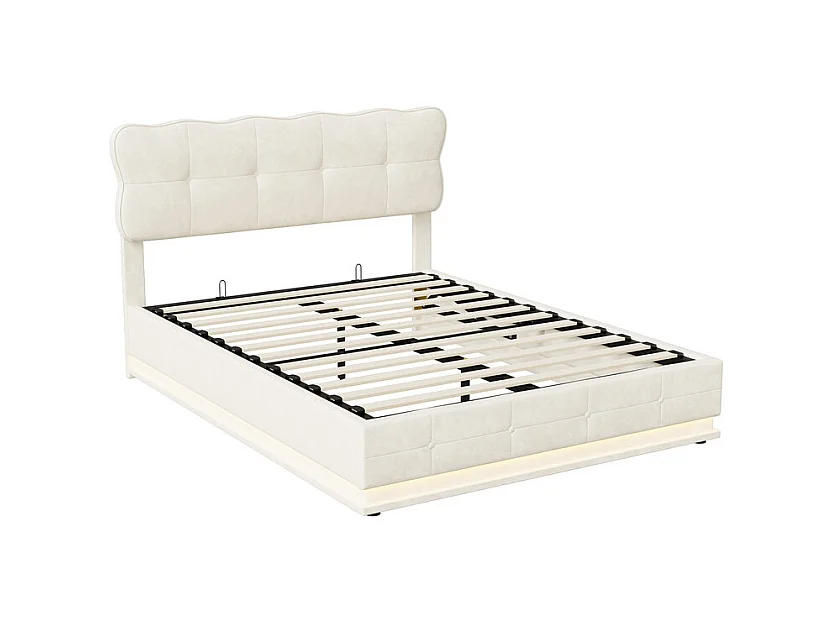 Lit Double 140x190 cm Lit Coffre Hydraulique avec Rangement, LED RGB Télécommande, Tête de Lit Velours Blanc Moderne