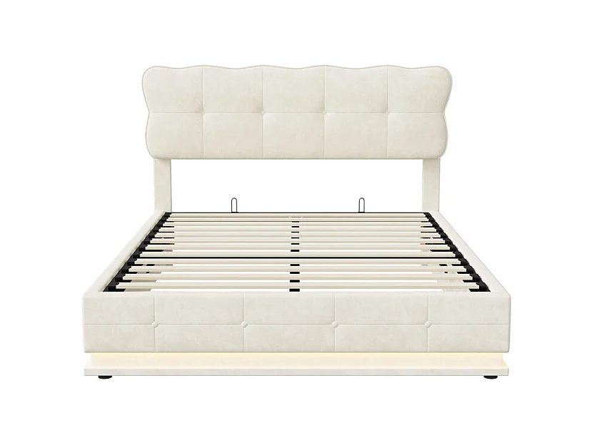 Lit Double 140x190 cm Lit Coffre Hydraulique avec Rangement, LED RGB Télécommande, Tête de Lit Velours Blanc Moderne