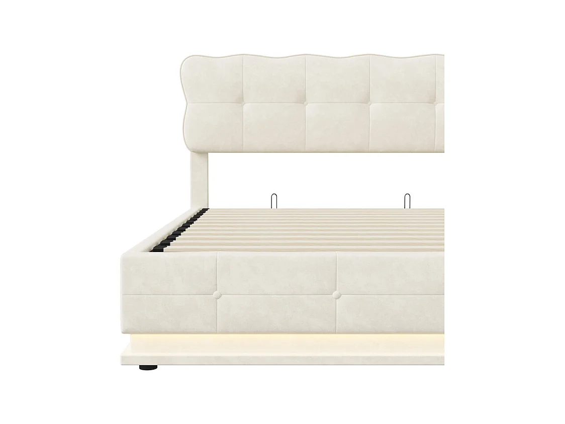 Lit Double 140x190 cm Lit Coffre Hydraulique avec Rangement, LED RGB Télécommande, Tête de Lit Velours Blanc Moderne