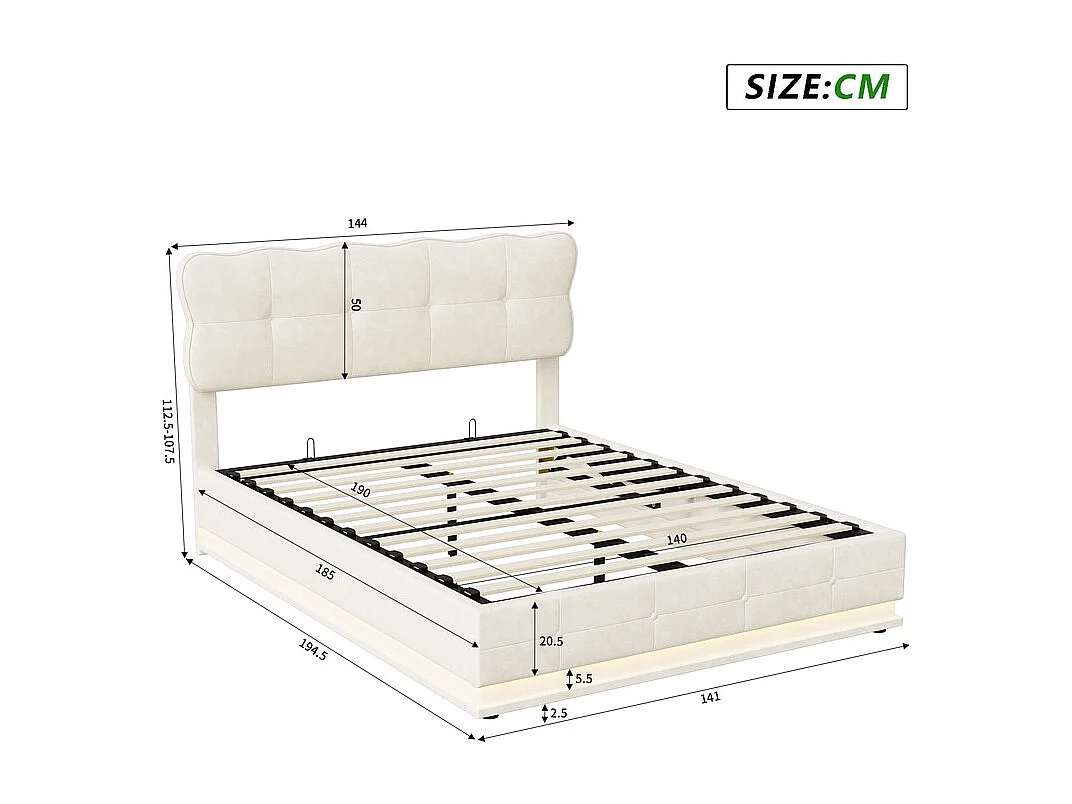 Lit Double 140x190 cm Lit Coffre Hydraulique avec Rangement, LED RGB Télécommande, Tête de Lit Velours Blanc Moderne