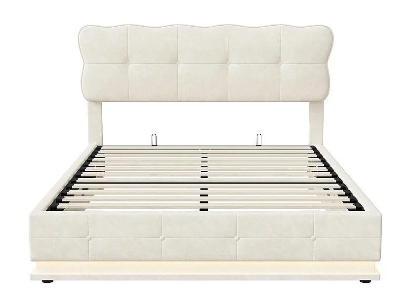 Lit Double 140x190 cm Lit Coffre Hydraulique avec Rangement, LED RGB Télécommande, Tête de Lit Velours Blanc Moderne