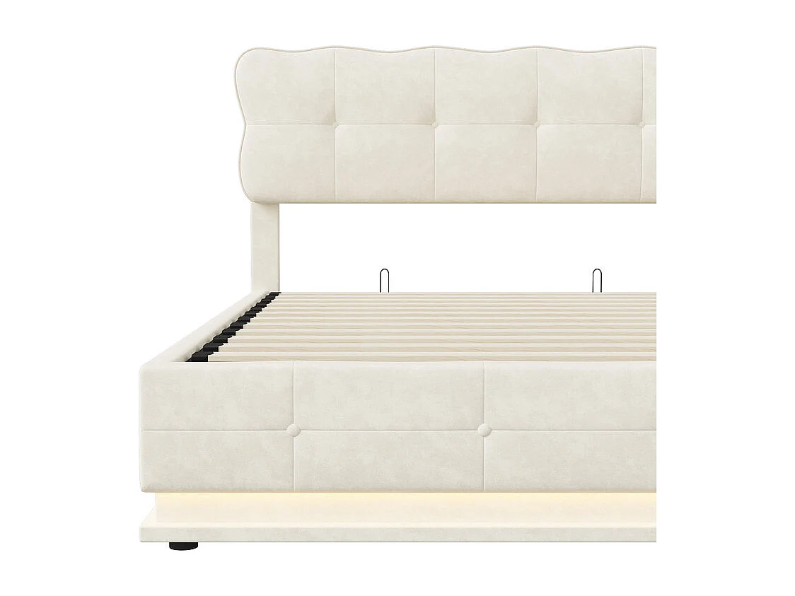 Lit Double 140x190 cm Lit Coffre Hydraulique avec Rangement, LED RGB Télécommande, Tête de Lit Velours Blanc Moderne