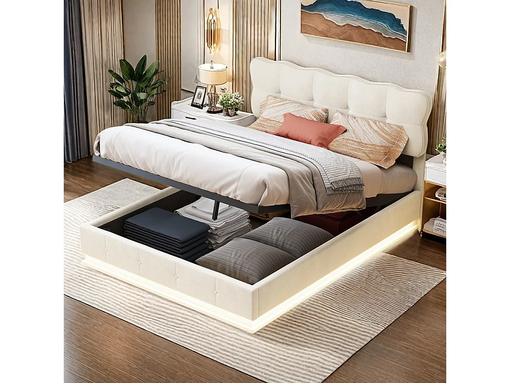Lit Double 140x190 cm Lit Coffre Hydraulique avec Rangement, LED RGB Télécommande, Tête de Lit Velours Blanc Moderne