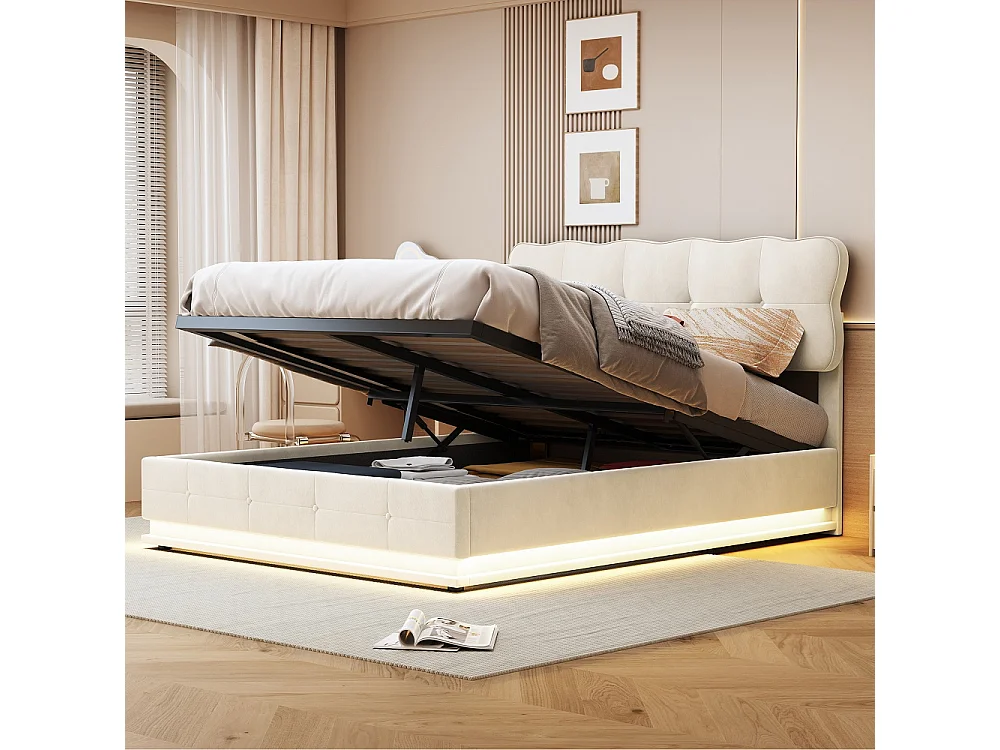 Lit Double 140x190 cm Lit Coffre Hydraulique avec Rangement, LED RGB Télécommande, Tête de Lit Velours Blanc Moderne