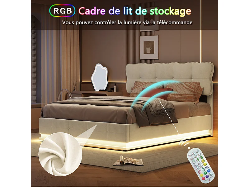Lit Double 140x190 cm Lit Coffre Hydraulique avec Rangement, LED RGB Télécommande, Tête de Lit Velours Blanc Moderne