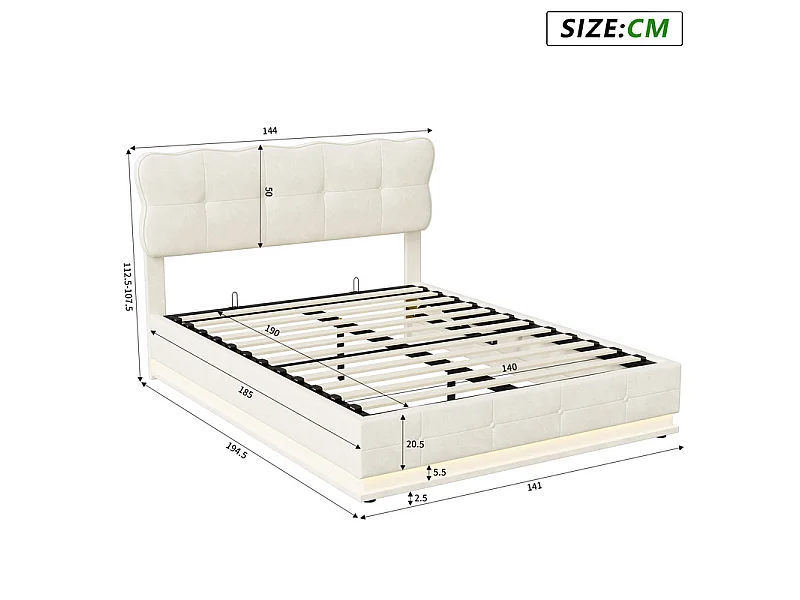 Lit Double 140x190 cm Lit Coffre Hydraulique avec Rangement, LED RGB Télécommande, Tête de Lit Velours Blanc Moderne