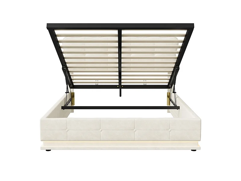 Lit Double 140x190 cm Lit Coffre Hydraulique avec Rangement, LED RGB Télécommande, Tête de Lit Velours Blanc Moderne