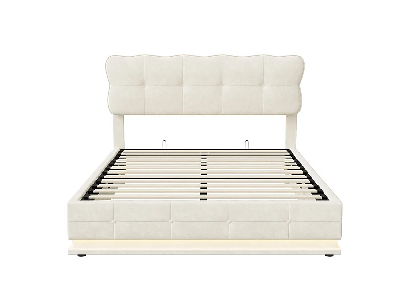 Lit Double 140x190 cm Lit Coffre Hydraulique avec Rangement, LED RGB Télécommande, Tête de Lit Velours Blanc Moderne