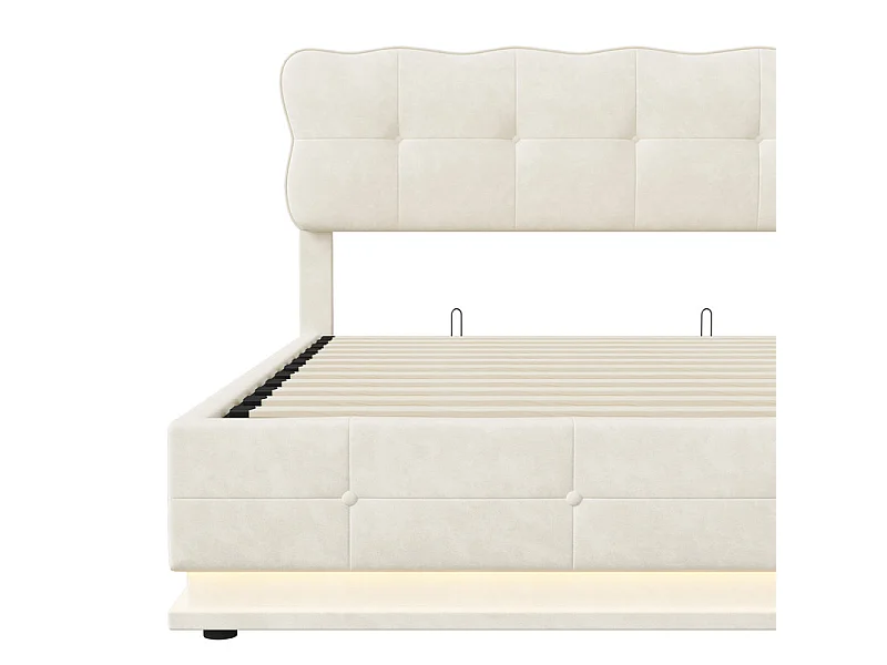 Lit Double 140x190 cm Lit Coffre Hydraulique avec Rangement, LED RGB Télécommande, Tête de Lit Velours Blanc Moderne