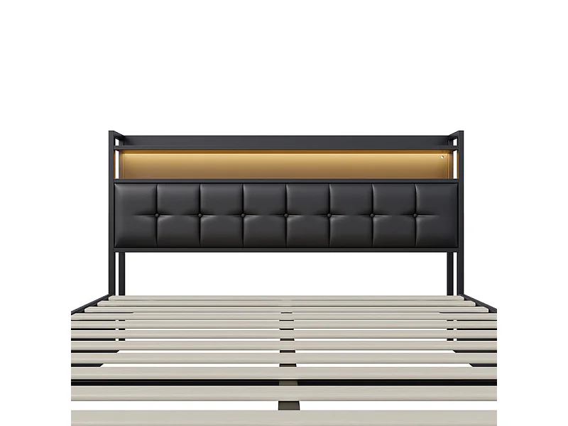 Lit Double 160x200cm Gris Tissu Lin Coffre Hydraulique LED RGB App et Télécommande Prise USB/Type-C Écologique Grand Modèle