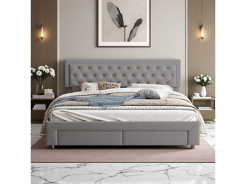 Lit Double avec Rangements Tiroir et Coffre Pneumatique - 180x200 cm - Tête de Lit Velours Cordonné Gris - Structure Métal et Bois