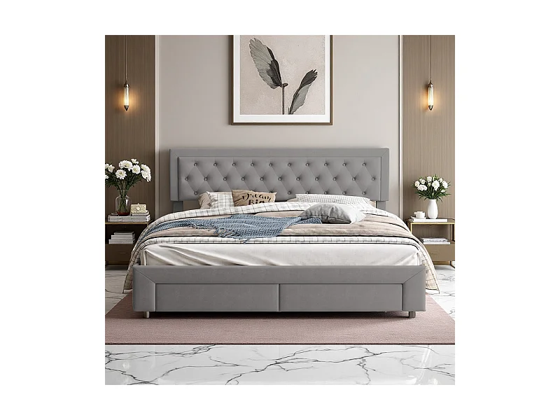 Lit Double avec Rangements Tiroir et Coffre Pneumatique - 180x200 cm - Tête de Lit Velours Cordonné Gris - Structure Métal et Bois