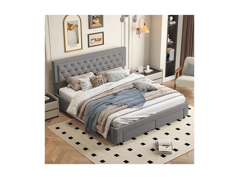 Lit Double avec Rangements Tiroir et Coffre Pneumatique - 180x200 cm - Tête de Lit Velours Cordonné Gris - Structure Métal et Bois