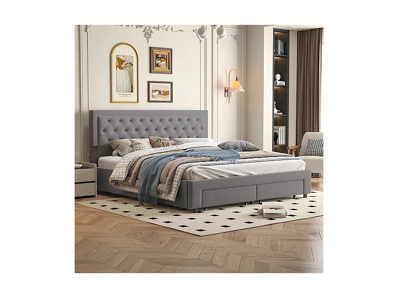 Lit Double avec Rangements Tiroir et Coffre Pneumatique - 180x200 cm - Tête de Lit Velours Cordonné Gris - Structure Métal et Bois