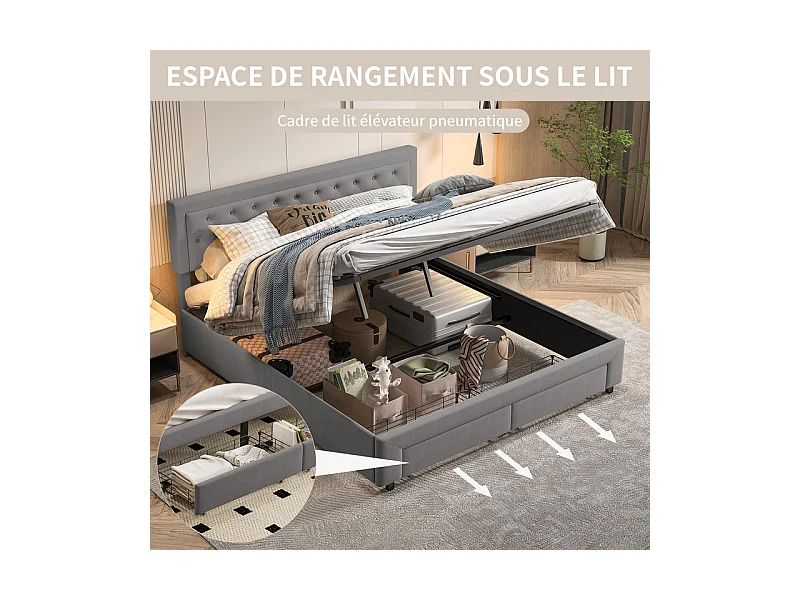 Lit Double avec Rangements Tiroir et Coffre Pneumatique - 180x200 cm - Tête de Lit Velours Cordonné Gris - Structure Métal et Bois