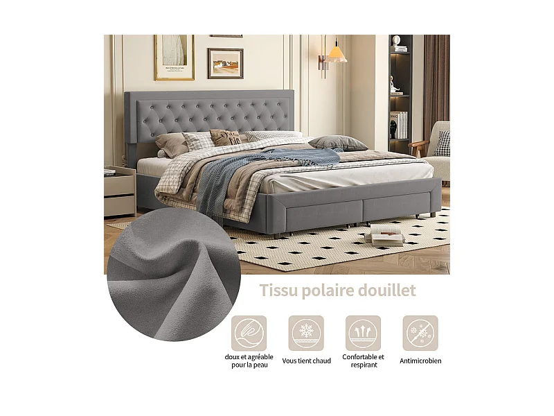 Lit Double avec Rangements Tiroir et Coffre Pneumatique - 180x200 cm - Tête de Lit Velours Cordonné Gris - Structure Métal et Bois