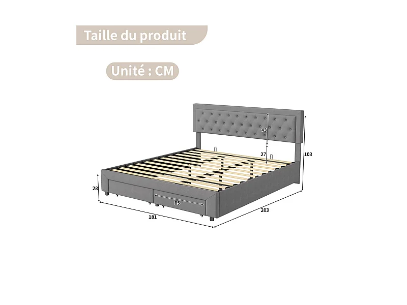 Lit Double avec Rangements Tiroir et Coffre Pneumatique - 180x200 cm - Tête de Lit Velours Cordonné Gris - Structure Métal et Bois