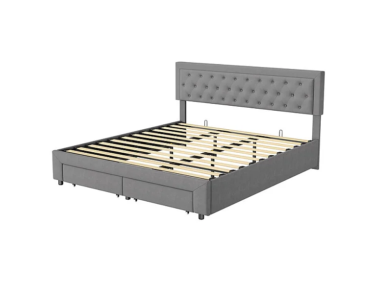 Lit Double avec Rangements Tiroir et Coffre Pneumatique - 180x200 cm - Tête de Lit Velours Cordonné Gris - Structure Métal et Bois