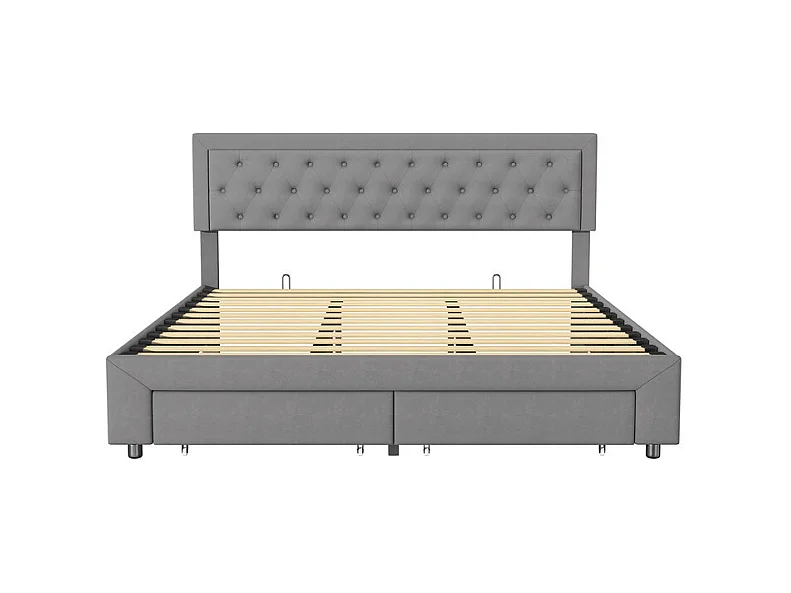 Lit Double avec Rangements Tiroir et Coffre Pneumatique - 180x200 cm - Tête de Lit Velours Cordonné Gris - Structure Métal et Bois