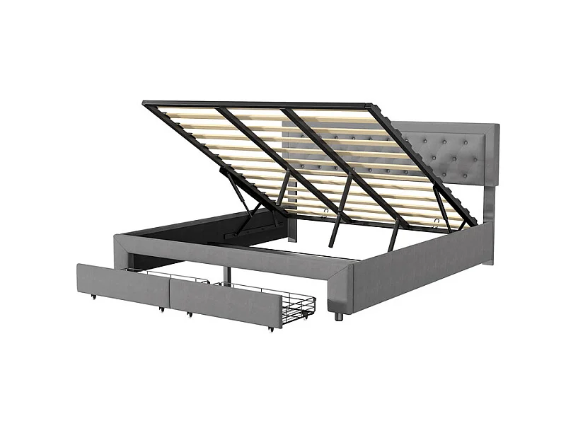 Lit Double avec Rangements Tiroir et Coffre Pneumatique - 180x200 cm - Tête de Lit Velours Cordonné Gris - Structure Métal et Bois