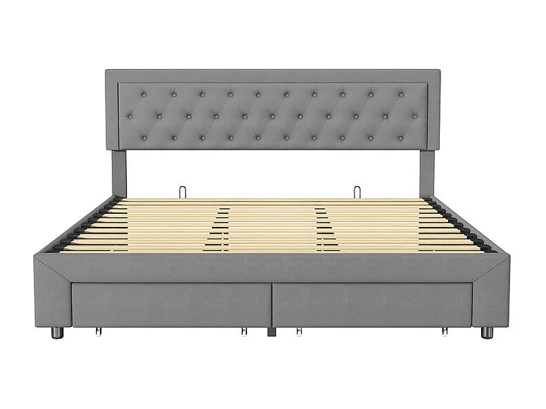 Lit Double avec Rangements Tiroir et Coffre Pneumatique - 180x200 cm - Tête de Lit Velours Cordonné Gris - Structure Métal et Bois