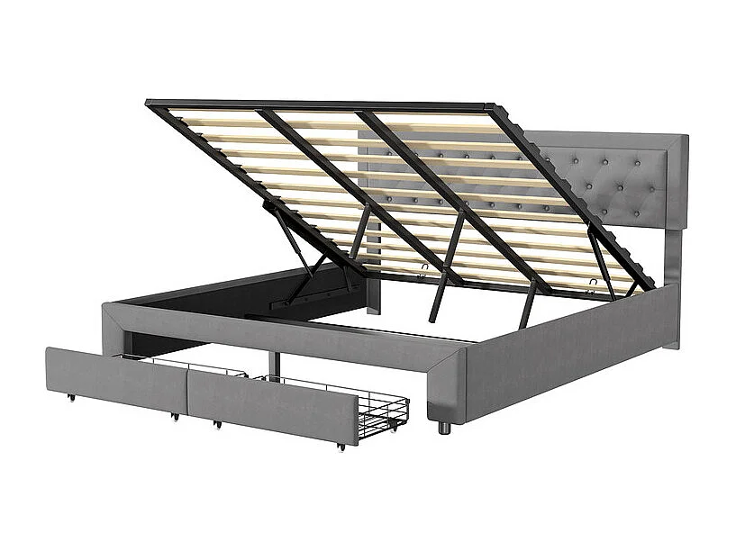 Lit Double avec Rangements Tiroir et Coffre Pneumatique - 180x200 cm - Tête de Lit Velours Cordonné Gris - Structure Métal et Bois