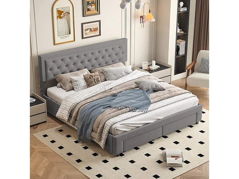 Lit Double avec Rangements Tiroir et Coffre Pneumatique - 180x200 cm - Tête de Lit Velours Cordonné Gris - Structure Métal et Bois