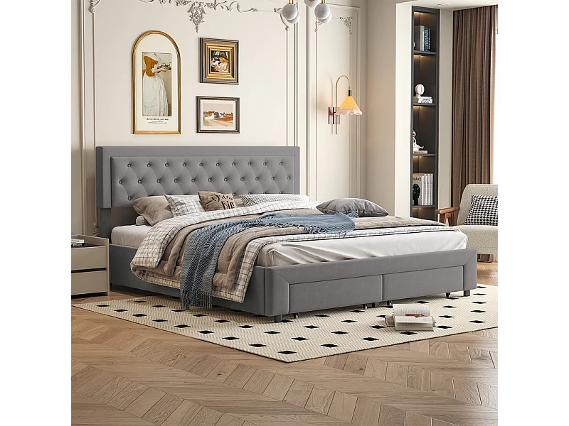 Lit Double avec Rangements Tiroir et Coffre Pneumatique - 180x200 cm - Tête de Lit Velours Cordonné Gris - Structure Métal et Bois