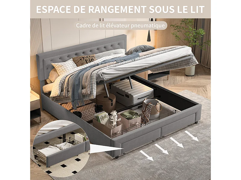Lit Double avec Rangements Tiroir et Coffre Pneumatique - 180x200 cm - Tête de Lit Velours Cordonné Gris - Structure Métal et Bois