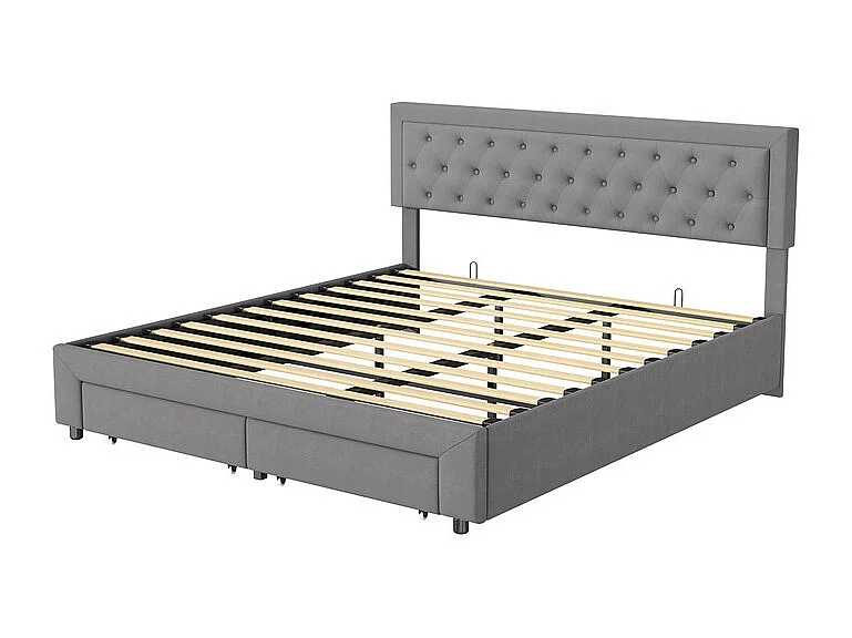 Lit Double avec Rangements Tiroir et Coffre Pneumatique - 180x200 cm - Tête de Lit Velours Cordonné Gris - Structure Métal et Bois