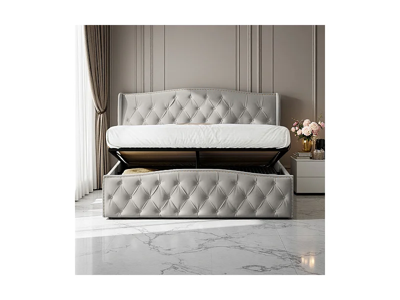 Lit Double 140x200 Hydraulique avec Rangement - Lit Coffre Velours Gris Clouté - Design Vague Moderne - 250kg