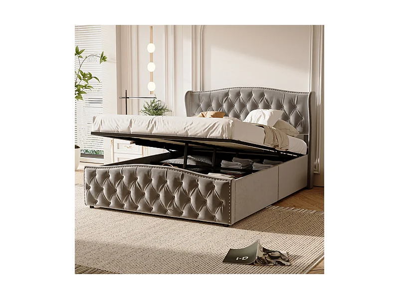 Lit Double 140x200 Hydraulique avec Rangement - Lit Coffre Velours Gris Clouté - Design Vague Moderne - 250kg